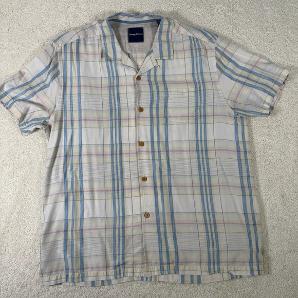 Tommy Bahama Shirt Mens XL Plaid Silk Tencel Blend Stretch Short Sleeve Beach - Picture 2 of 8